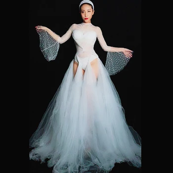 

Sexy Perspective White Speaker Dress Mesh Long Dresses Party Birthday Celebration Female Adults Singer Concert Clothing DT1028