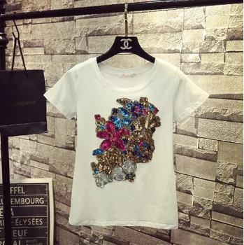 

2019 New Spring Summer All-match Basic Women Tops Diamond Sequins Embroidery Short Sleeve T-shirts Students Casual Tees Slim