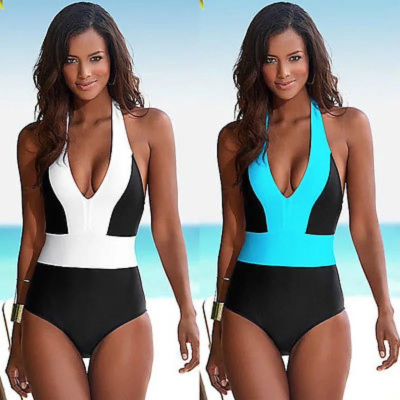 

Sexy Women Halter Swimsuit Ladies Summer Hot Swimwear Patchwork Lady Backless V-neck Swimsuit Bathing Monokini