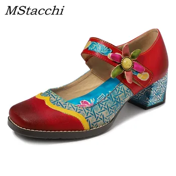 

MStacchi Bohemian Women Pumps Shoes Vintage Printed Shoe Women Shoes Genuine Leather Block Mid Heel Ankle Mary Janes Shoes Woman