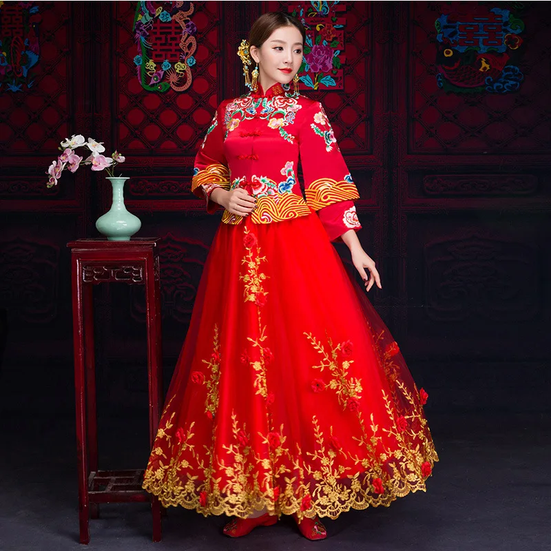 

Star Same Style Retro Flower Embroidery Bride Show Wo Wedding Suits Improved Bride Toast Clothing Chinese Wedding Coat+skirt