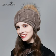 ZIRUNKING, женские зимние шапки с помпоном, теплые шерстяные шапочки, натуральный мех енота, топы, шапки, женская модная шапка ZH1715