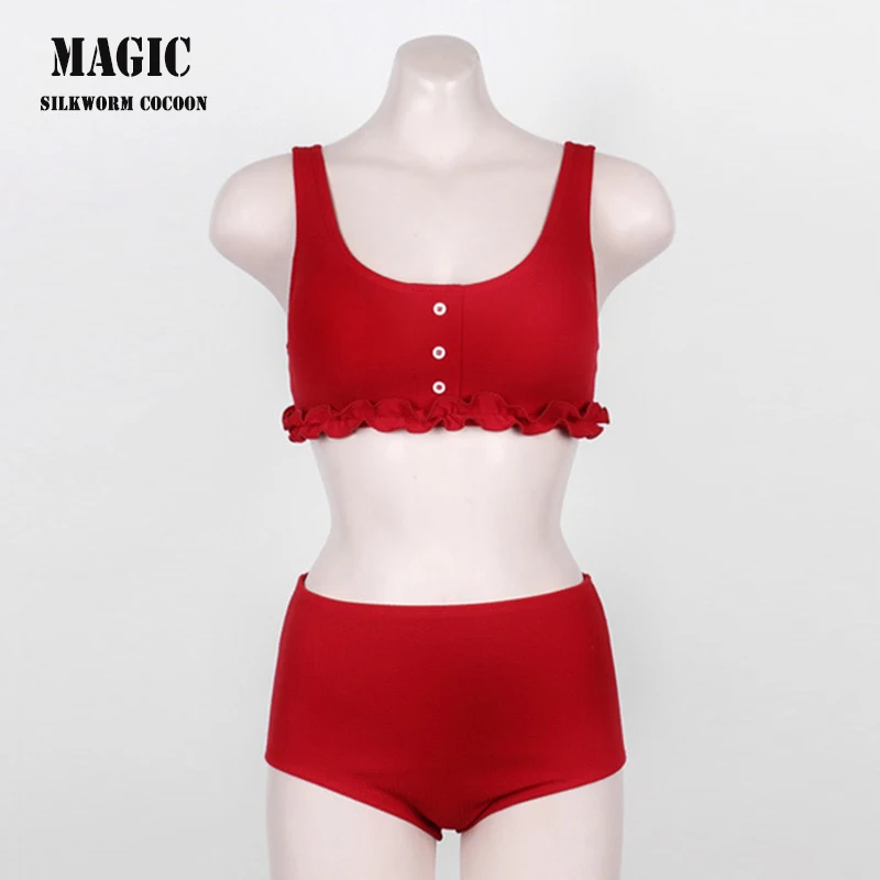 Red Black High Waist Bikini Set New Ruffle Backless Swimming Suit Women Solid Sexy Chest Button Swimwear Girl Beach Swimsuits