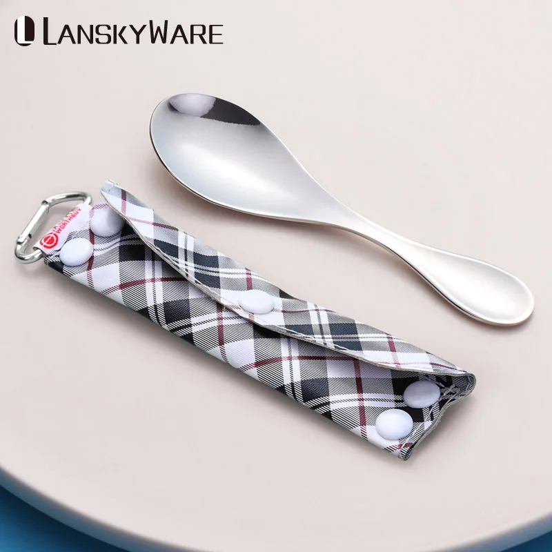 

LANSKYWARE Chinese Portable Spoon With Bag 304 Stainless Steel Dinner Soup Spoon For Kis Camping Picnic Set Tea Coffee Scoops