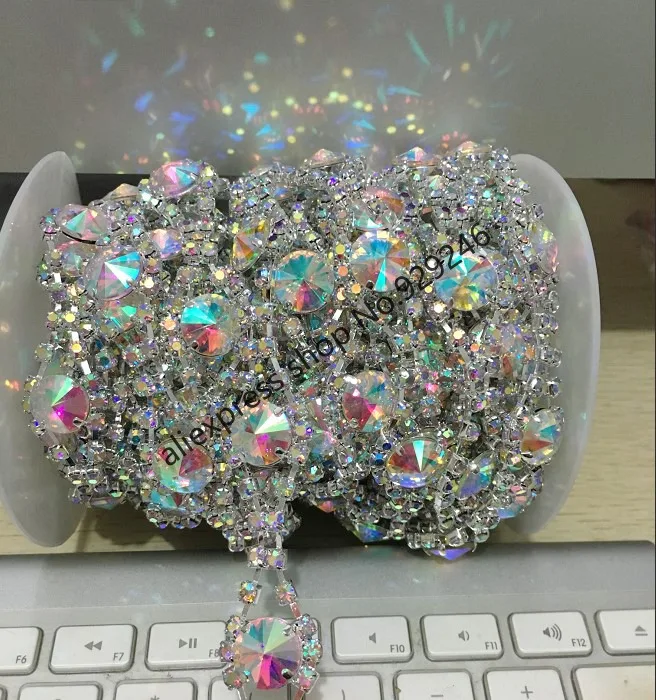 

1 yard/pack 1.9cm AB glass crystal rhinestone gold chain trims for over coat sew-on garment clothing dress bag crafts accessory