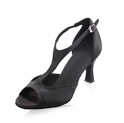 Women's Black Satin Latin dance shoes Ballroom Dance Shoes Peep Toe T-Strap for dance high-heeled 7.5CM Salsa shoes