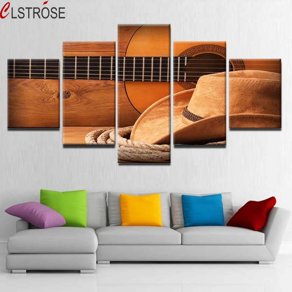 Canvas-HD-Printed-Posters-Home-Decor-Framework-5-Pieces-Cowboy-Hat-Guitar-Paintings-Modular-Wall-Art