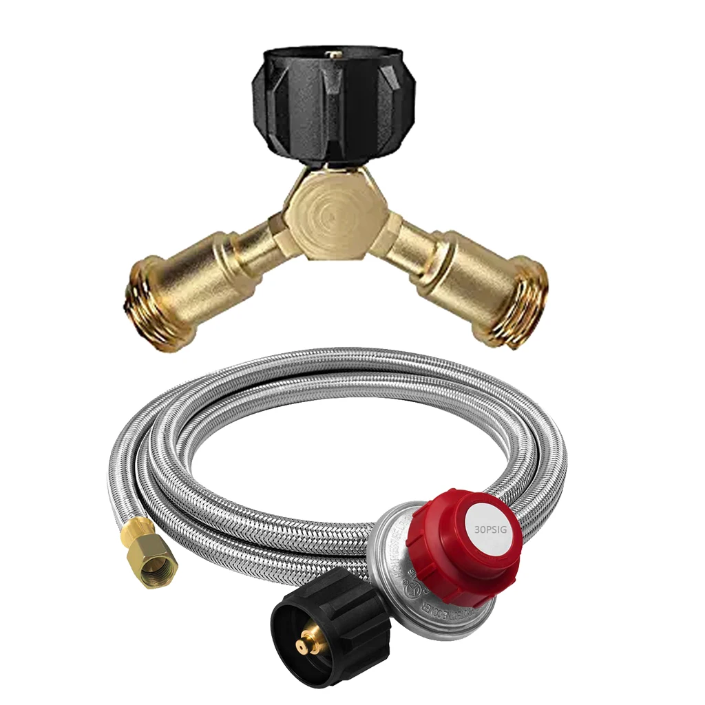 3-Way Propane Y Splitter LP Valve Adapter with Stainless Regulator 4ft Hose