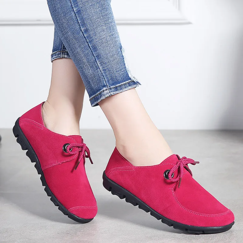 PINSEN осень Женская обувь на плоской подошве из кожи и замши; сапоги на шнуровке; водонепроницаемые мокасины; женские кроссовки; лоферы, балетки Дамская обувь мокасины - Цвет: Красный