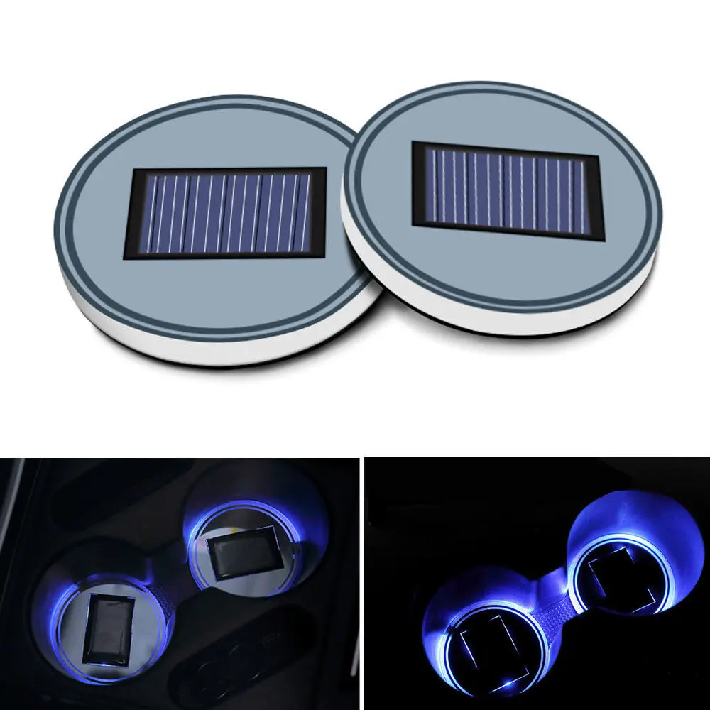 2Pcs Solar Power LED Light Car Water Cup Holder Bottom Mat Pad Cover Blue Light