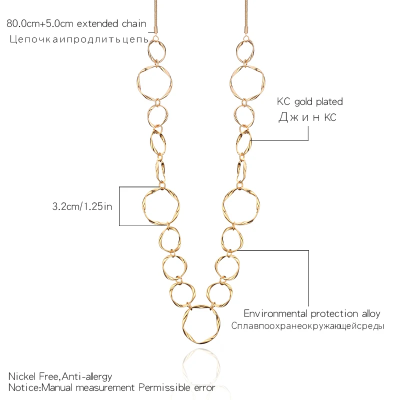 Длинные Простой Большой круг цепочки Цепочки и ожерелья цвета: золотистый, серебристый смешивания Цвет элегантный Шарм Длинный свитер цепи Цепочки и ожерелья для Для женщин Kolye ювелирные изделия