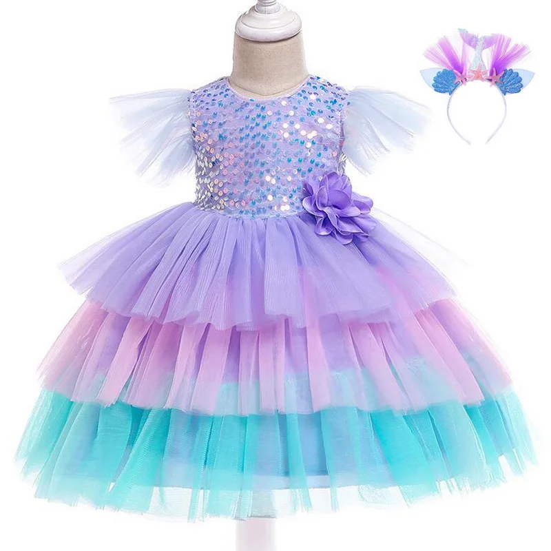 Baby girl Sequin Mermaid Fancy Dress Up Kids With Headband Cosplay Costume Girls Christmas Party Long Gown Party Dress 1-5T