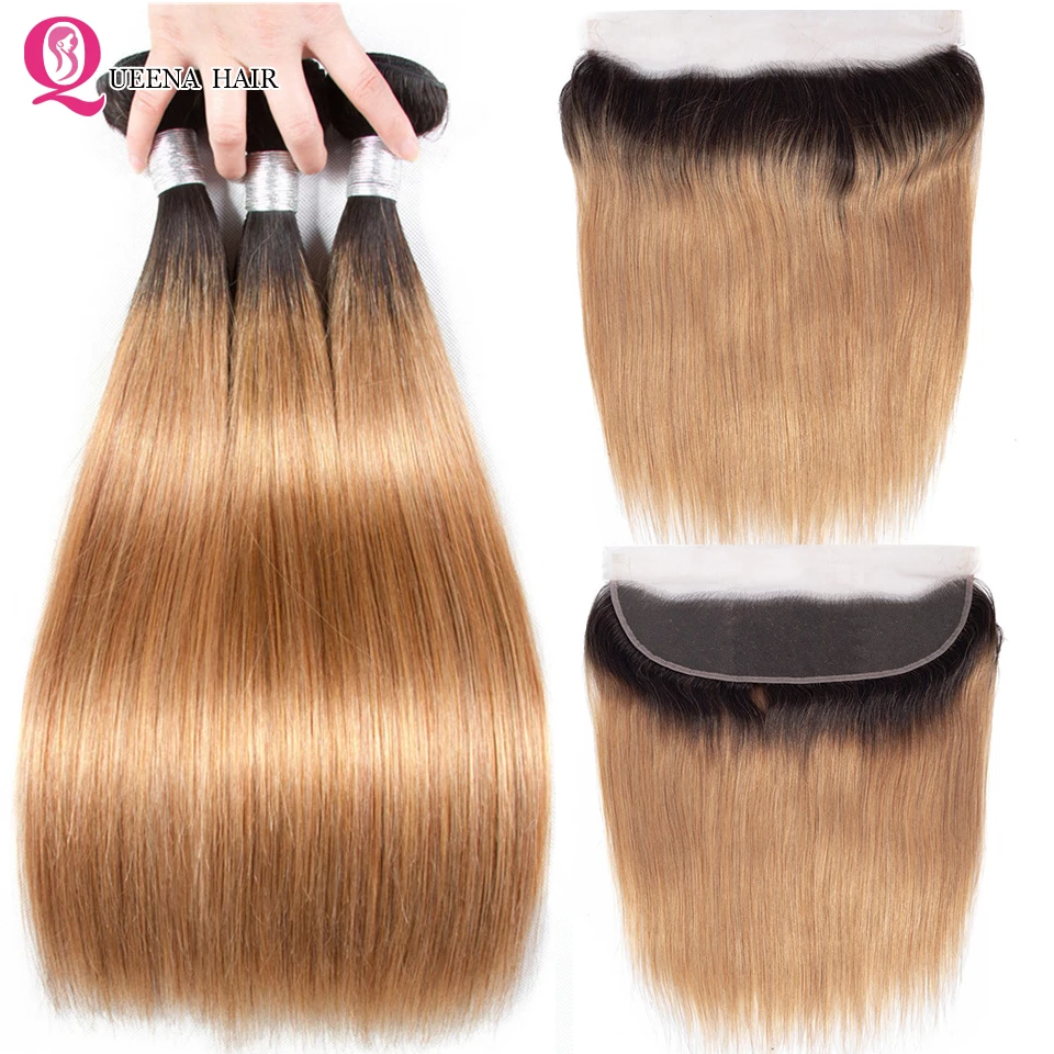 

Queena Ombre Blonde Bundles With Frontal Closure 1B/27 Straight Hair Bundles With Frontal Raw Indian Hair Bundles With Frontal