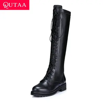 

QUTAA 2020 Women Low Heel Knee High Boots Fashion Lace Up Genuine Leather Platform Round Toe All Match Long Boots Size 34-39