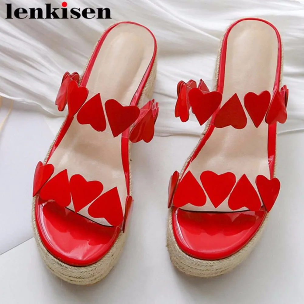 

Lenkisen European designer wedges platform straw decoration peep toe transparent pvc material women sandals slip on mules L01