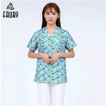 Униформа медсестры Женская Хирургическая Одежда с коротким рукавом хлопок напечатанные скрабы доктора Стоматологическая салон красоты спа рабочая одежда футболка