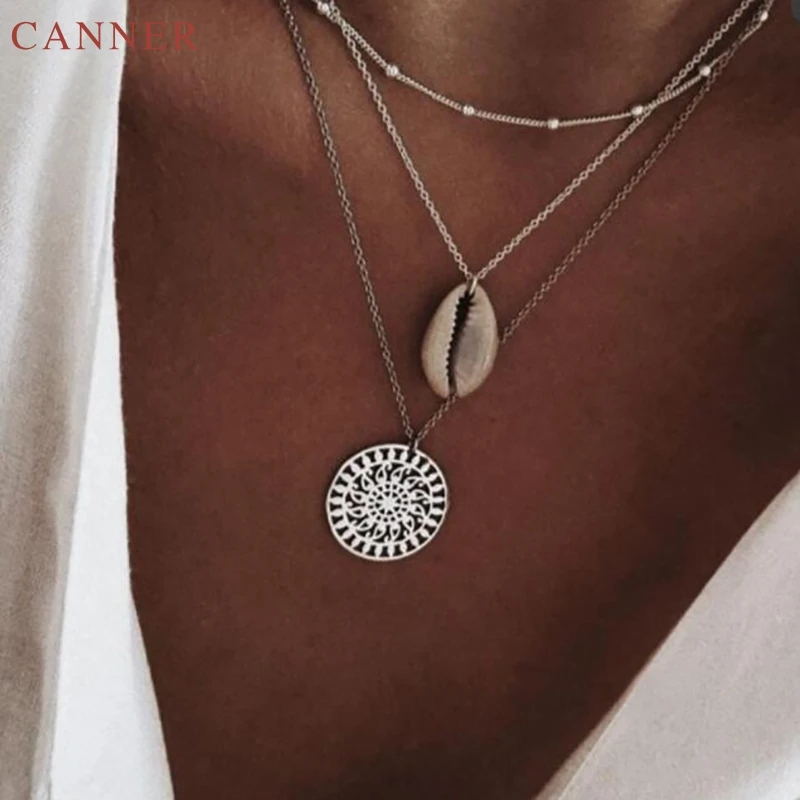 Silver Beads Chain Multi Layered Necklace Women Metal Shell Necklace Hollow Flower Carved Round Pendant Necklaces Jewelry C4