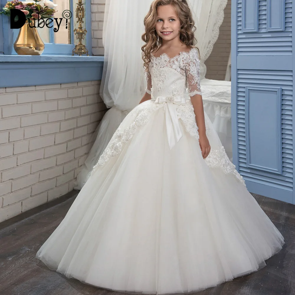 

Lace Fancy Dress Up Costume for Kids Flower Girls Dresses for Party and Wedding Teen Girl White Evening Princess Dress