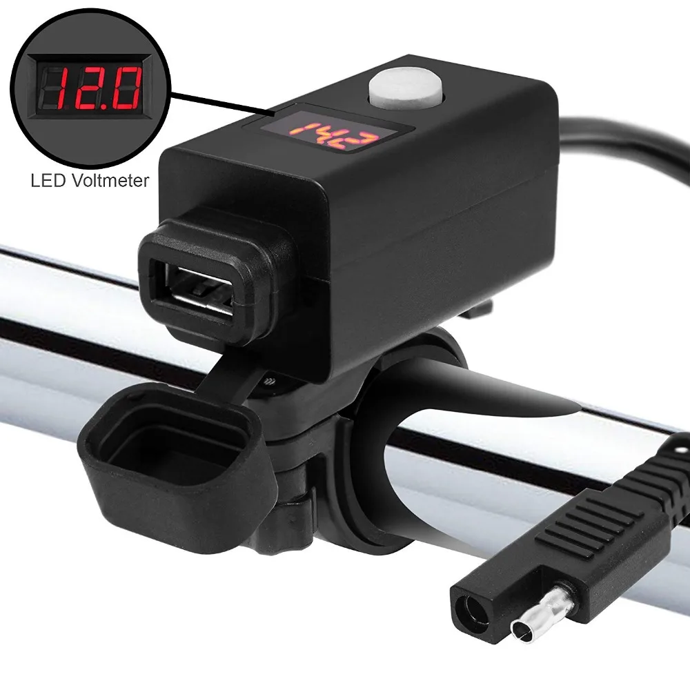 

Motorcycle Handlebar Mount Clamp Waterproof SAE to USB Charger Adapter with Digital LED Voltmeter Power Switch for Cell Phones
