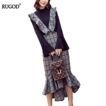 

RUGOD Ruffle Sleeve Pullover +Strap Cold Shoulder Winter Dress Set Women Elegant Mermaid Dress Set Women Leisure Wear Vestidos