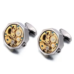 Gold Watch Movement Cufflinks - Steampunk Gear Design in Stainless Steel with Gift Box (Light Yellow Gold Color)
