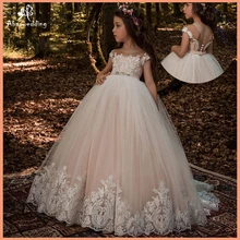 Красивое кружевное платье с цветочной аппликацией и рукавами-крылышками для девочек; платье с цветочным узором для девочек с v-образным вырезом на спине; цвет Шампань; Детские Вечерние платья из тюля для выпускного вечера