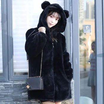 

2018 New Winter Clothes Women Lazy Rabbit Fur Coat Women's Middle and Long Hooded Coat Sweet Hat Faux Fur Jacket Coat