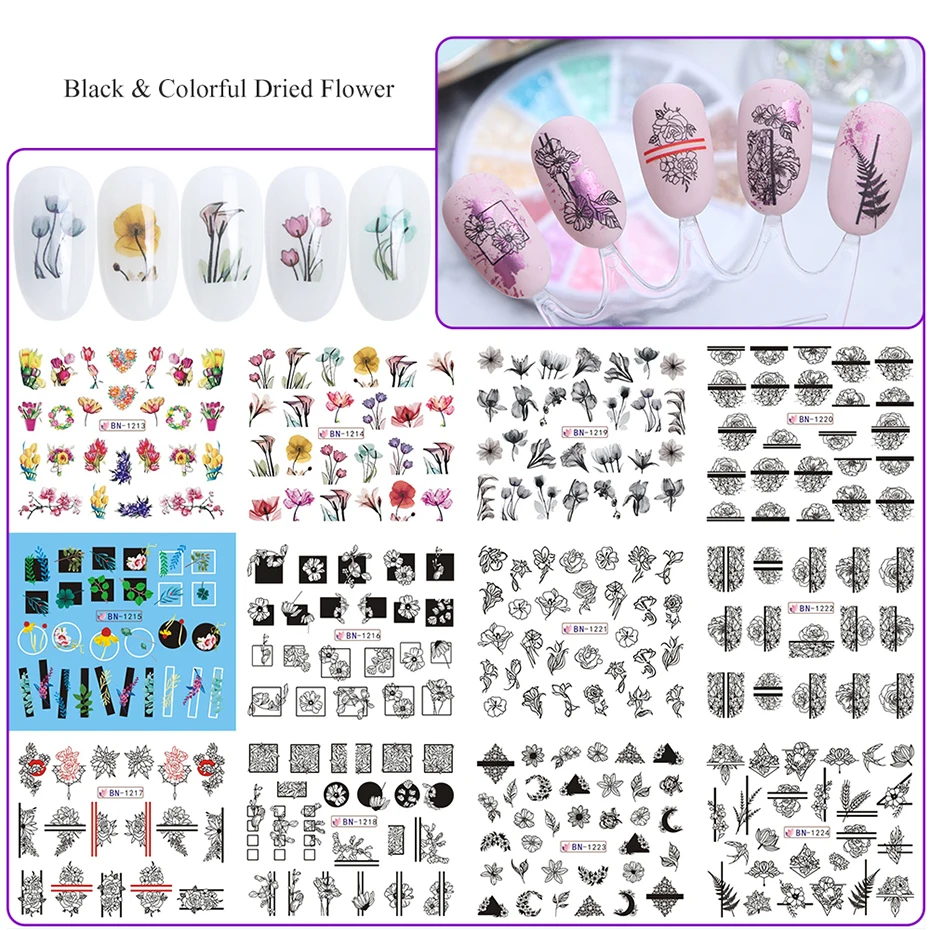  36 Type Floral Nail Water Decals DIY Colorful Geometry Hollow Wraps Flower Nail Art Decorations Nail Sticker Set LEBN1213-1248 (10)