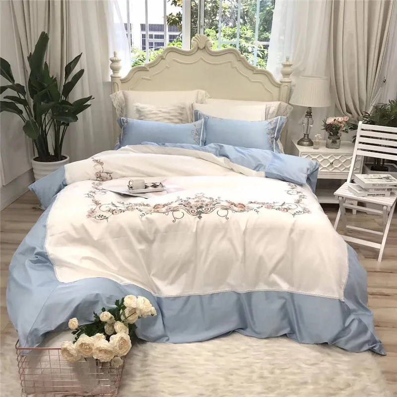 

Luxury Blue and white Embroidery 60S Egyptian Cotton Bedding Set Queen King Size Duvet Cover Bed Linen Bed sheet Pillowcases