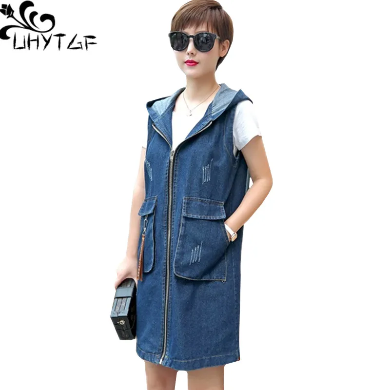 

UHYTGF Casual 5XL plus size denim vest women's hooded sleeveless spring autumn vest waistcoat Elegant Female long jeans vest 565