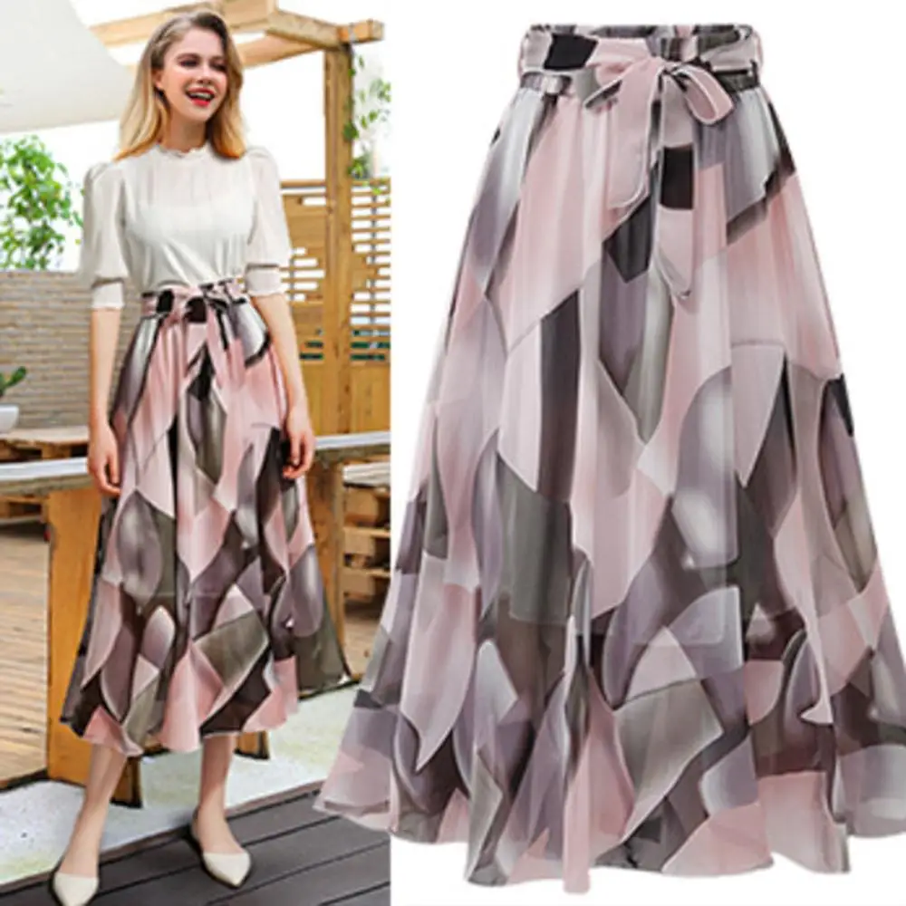 

Women's Skirts Casual Printed Chiffon Plain Knee Length Ladies Soft Stretch Flared Printed Skater Midi Skirt Spodnica #0704