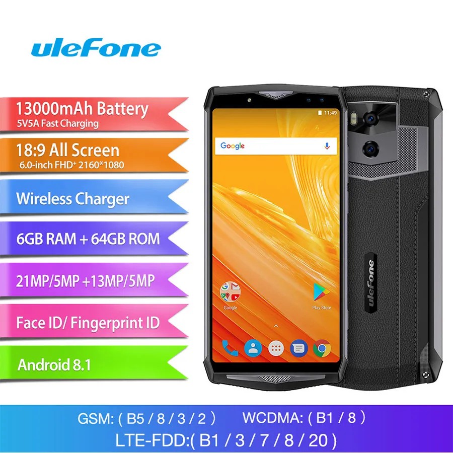 Мобильный телефон Ulefone power 5, 13000 мАч, Android 8,1, 6,0 дюймов, FHD, MTK6763, четыре ядра, 6 ГБ+ 64 ГБ, 21 МП, функция распознавания лица, Беспроводная зарядка, 4G SM