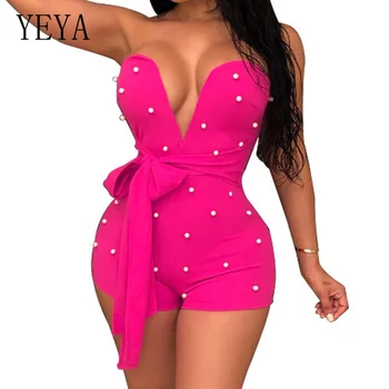 

YEYA Summer Sexy Off Shoulder Playsuit Strapless Bodycon Women Jumpsuit Romper Elegant Deep V Neck Club Party Wear Overalls