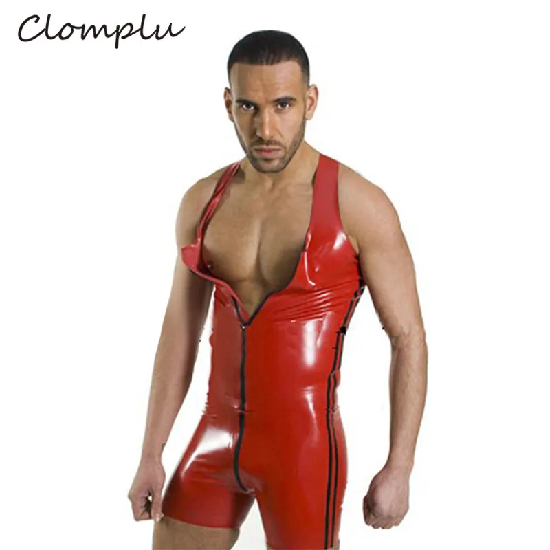 

Clomplu Red Shaper for Men Full Bodysuit Sexy Style Faux Leather Clothing Male Trainers Slimming Belly Control Open Crotch