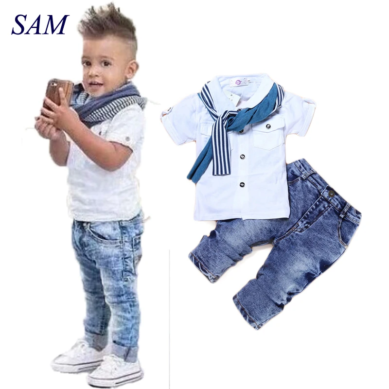 Koop Baby Boy Kleding Casual T Shirt + Sjaal + Jeans 3 Pc Baby Kleding Set Zomer Kind Kids Kostuum voor Jongens 2019 Peuter Jongens Kleding