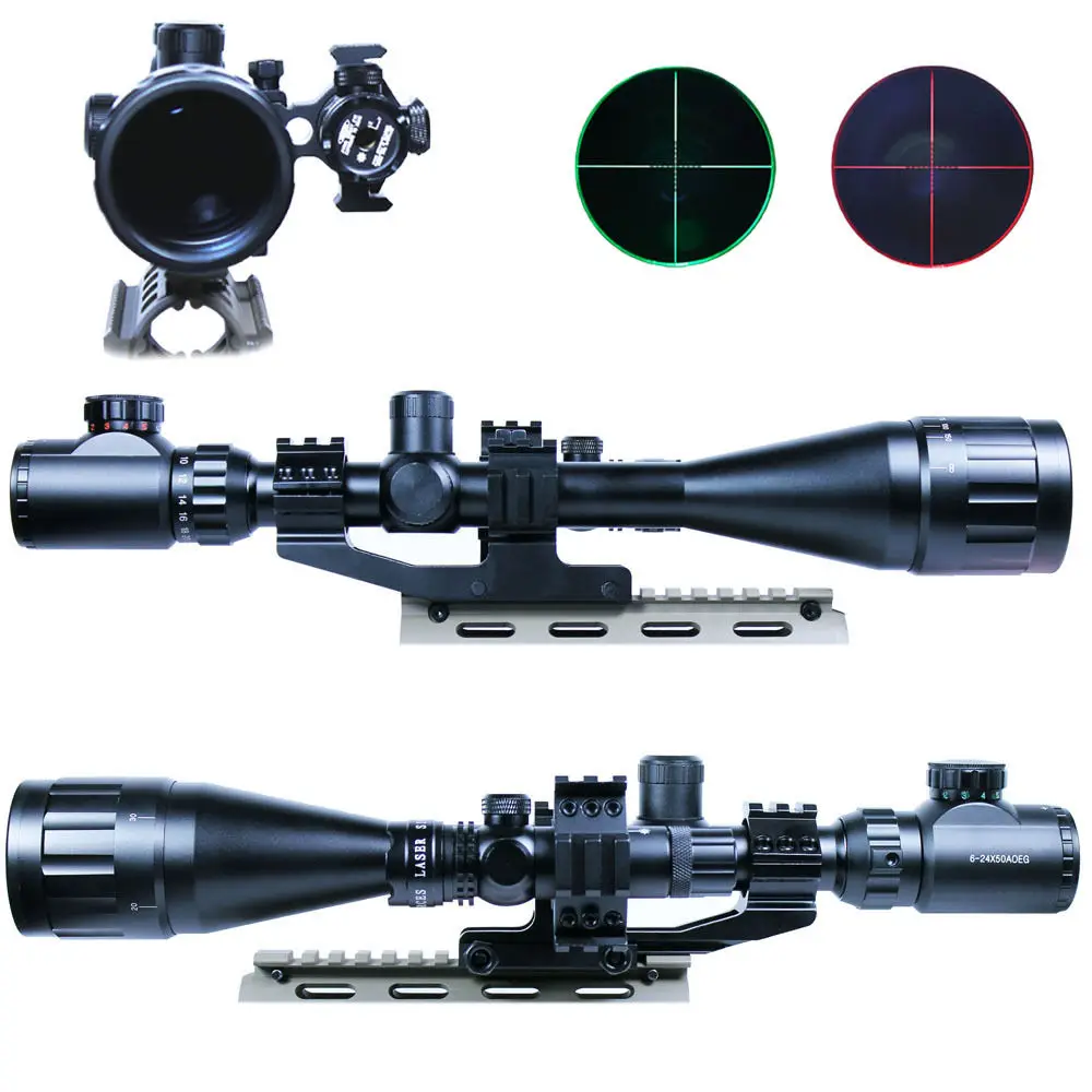 

6-24x50 Tactical Rifle Scope Hunting Optics Scope Mil-dot illuminated Snipe Scope+Dot Red Laser Sight+Double Ring