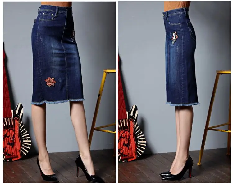 Для женщин на лето и весну новый вышивка мультфильм Винтаж Длинные прямые джинсы юбка женская элегантная для работы в офисе по колено