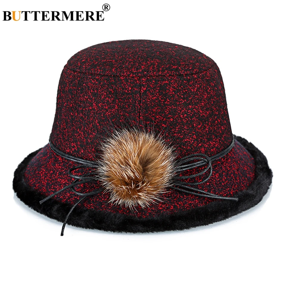 BUTTERMERE Burgundy Hat Ladies Wool Fedoras Bowler Hat Women Elegant