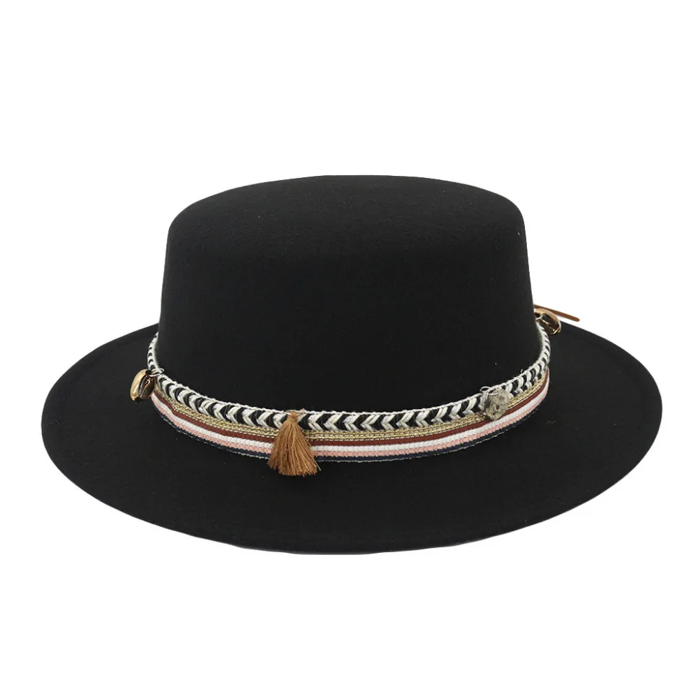 Для женщин с широкими полями шерстяной ремень фетр Flat Top Fedora Hat для вечерние церковь мягкая фетровая шляпа Cap_3.7