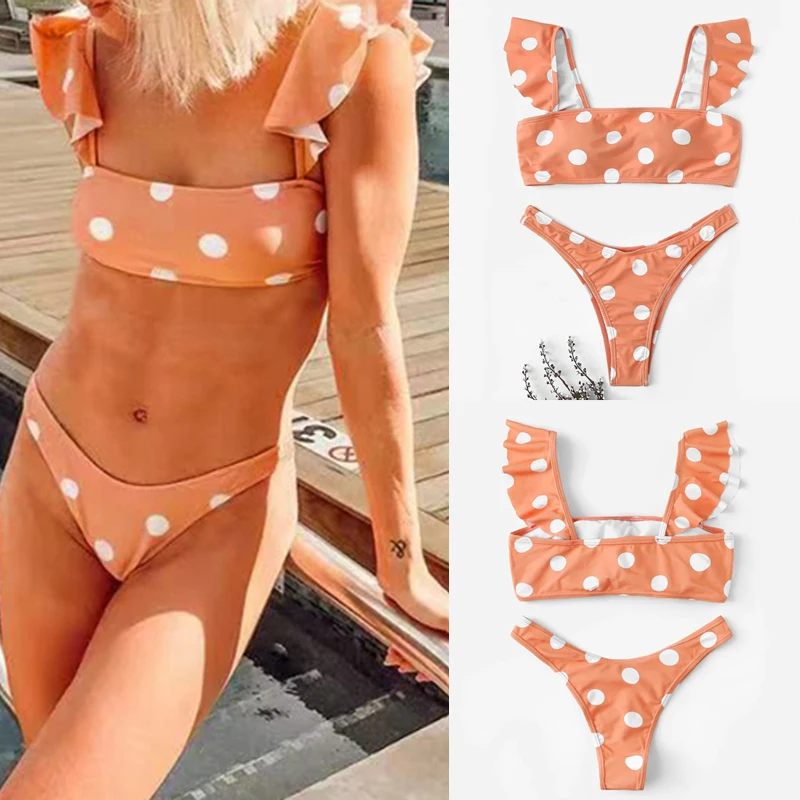 

2019 Sexy Women Bikini Set Dot Print Ruffles Padded Top Bottom Two Piece Swimsuit Swimwear Bathing Suit Orange Swimsuit Women