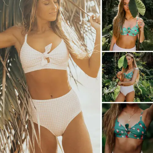 

Womens Knot Front High Waist Retro Bikini Push Up Swimsuit Bathing Suit Bikinis Set 2Pcs Floral Plaid Swimwear Beach Wear