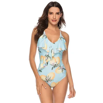 

2019 Summer Bodysuits Women Bohemia Floral Print One Piece Backless Cross Swimwear Ruffle Swimsuit Push Up Padded #0301