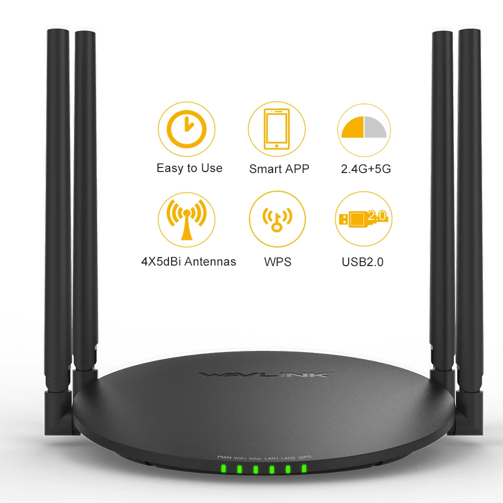 Wavlink AC1200 Беспроводной Wi-Fi маршрутизатор 1200 Мбит 4x5dBi антенны Dual Band 2,4 г 150 Мбит/с + 5 ГГц 867 Мбит/с USB 2,0 порт Wi-Fi ретранслятор APP