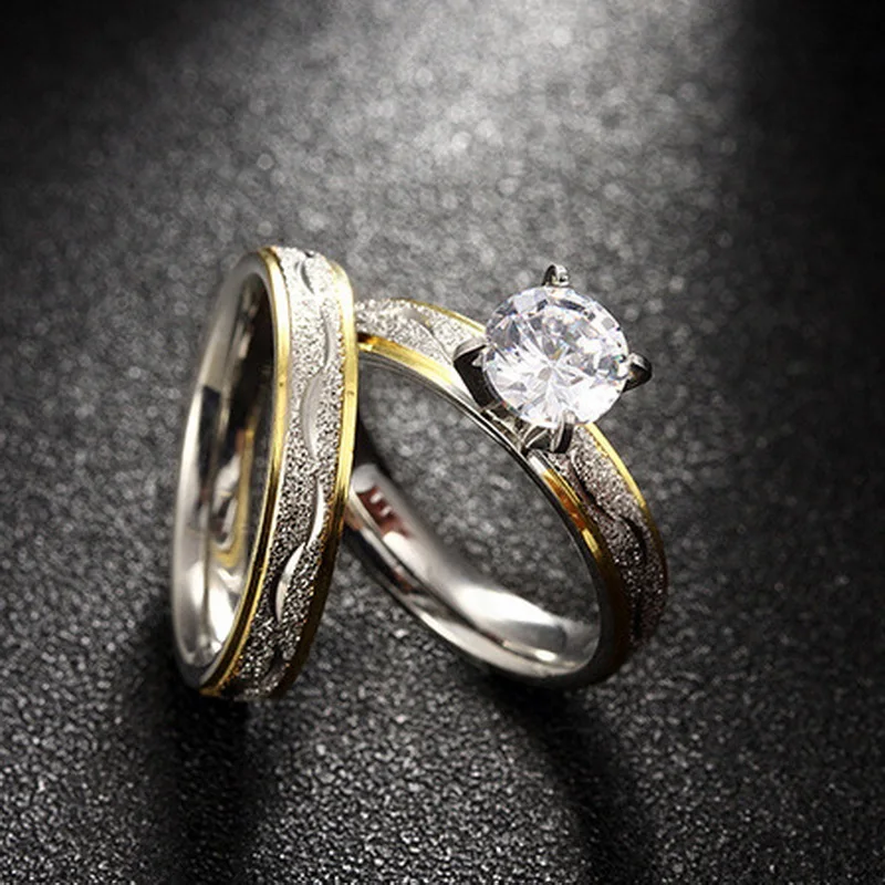 2Pcs/Set Vintage 316L Titanium steel Ring Mens Jewelry for Women Shining Zircon Wedding Band male ring 6 7 8 9 Size lovers | Украшения и
