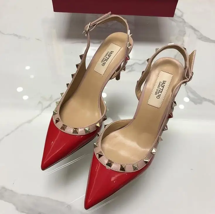 

2019 new spring brand v pointed-toe women rivets thin high heels side shoes colorful pumpsl sandals with box EU34-42