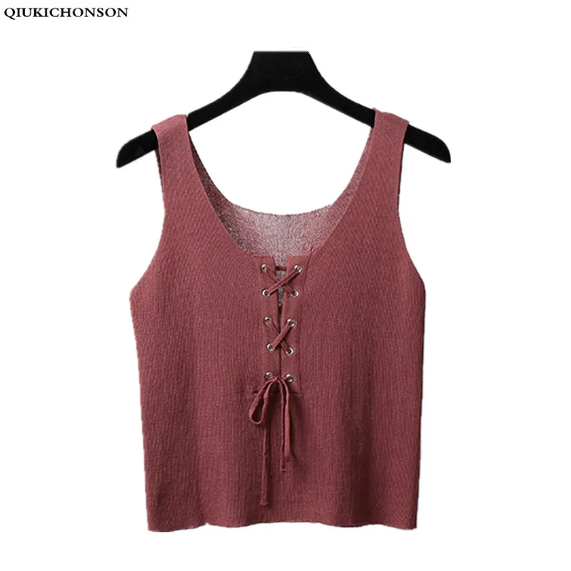 Qiukichonson 2018 Summer Chic Knitted Vest Women Square Neck Short
