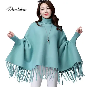

Women's Long Wool Sweaters Jacket Thick Turtleneck Tassel Shawl Cape Jacket Ladies Fashion Casual Loose Autumn Winter Jacket