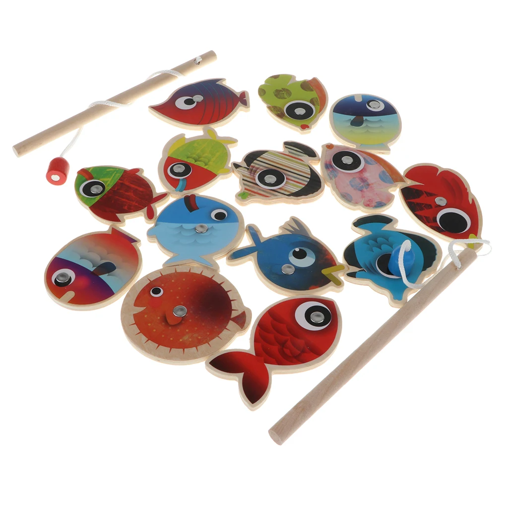 16pcs Fish Game Magnetic Fishing Pole Rod & Fish Marine Organisms Model Set Kid Pretend Play Toy Educational