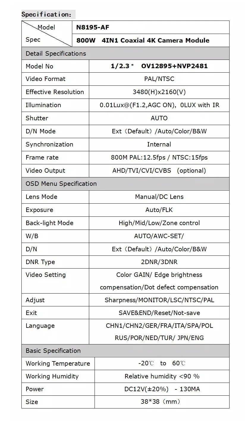 CCTV AHD Камера 2160P 1/2. " OV12895+ NVP2481H CMOS плата 8,0 мегапикселя 4 в 1, для CCTV 4K AHD, CVI, TVI, аналоговая камера