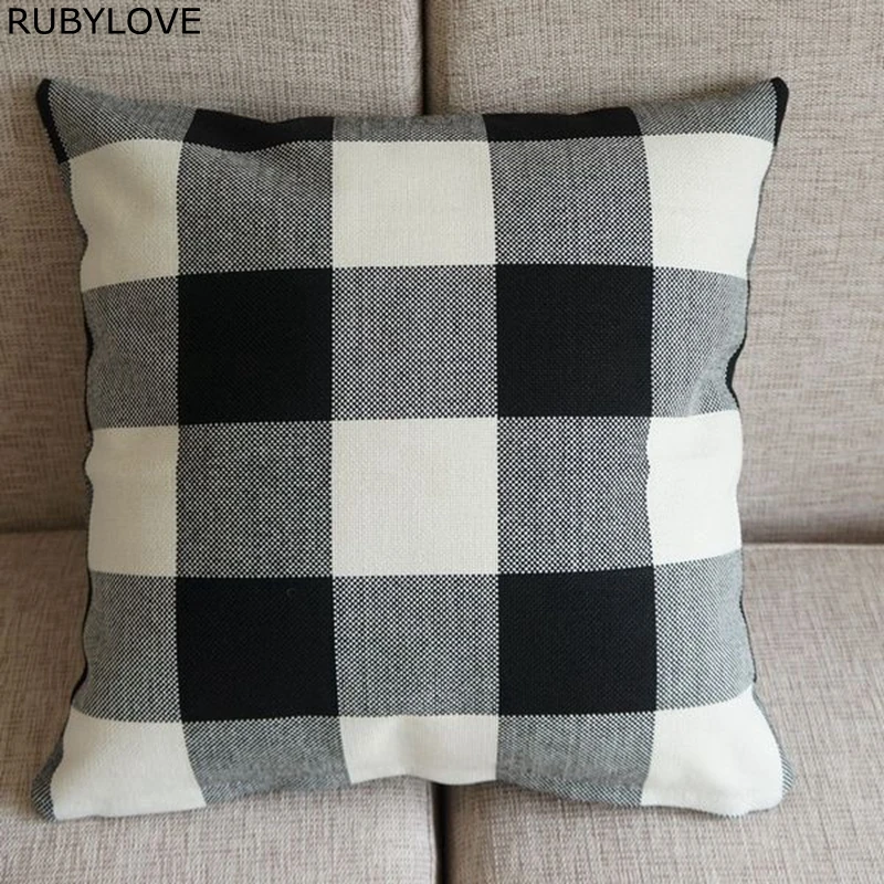 

1pcs High quality Pillow Case Cushion Cover Cotton Blend Linen White Black Checked Home Office Sofa Soft Decor 45cm 18" PT173